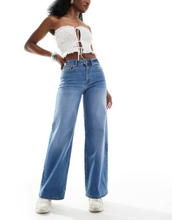 オンリー レディース ボトムス デニムパンツ ワイドレッグ ハイウエスト ジーンズ ONLY Madison high waist wide leg jeans in mid MID BLUE ブルー