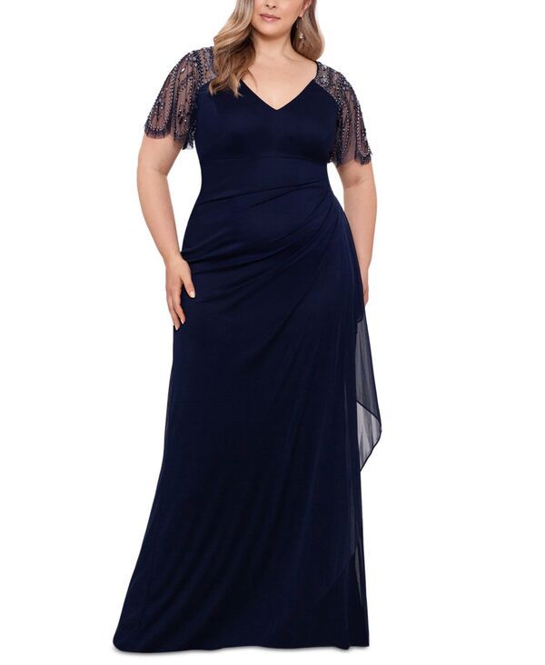 エスケープ レディース トップス ワンピース プラスサイズ シアー ジャージー XSCAPE Plusizembellished Sheer Matte Jersey Gownavy ネイビー