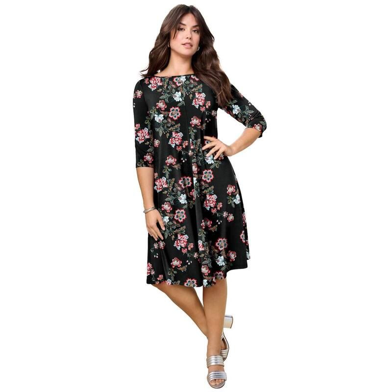 ロアマンズ レディース トップス ワンピース プラスサイズ Roamans Womens Plusize 34 Sleeve Boatneck Swing Dress Black Spaced Blo