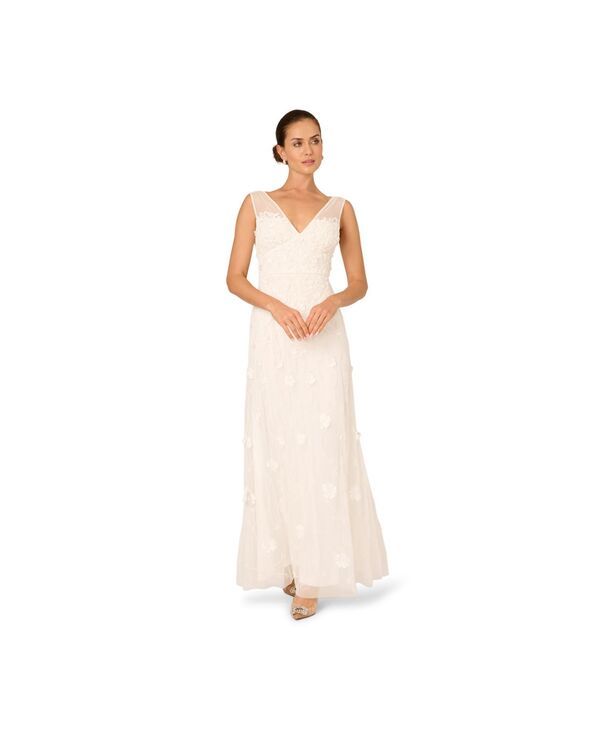 【送料無料】 アドリアナ パペル レディース ワンピース トップス Womens VNeck Beaded Sleeveless Gown Ivory