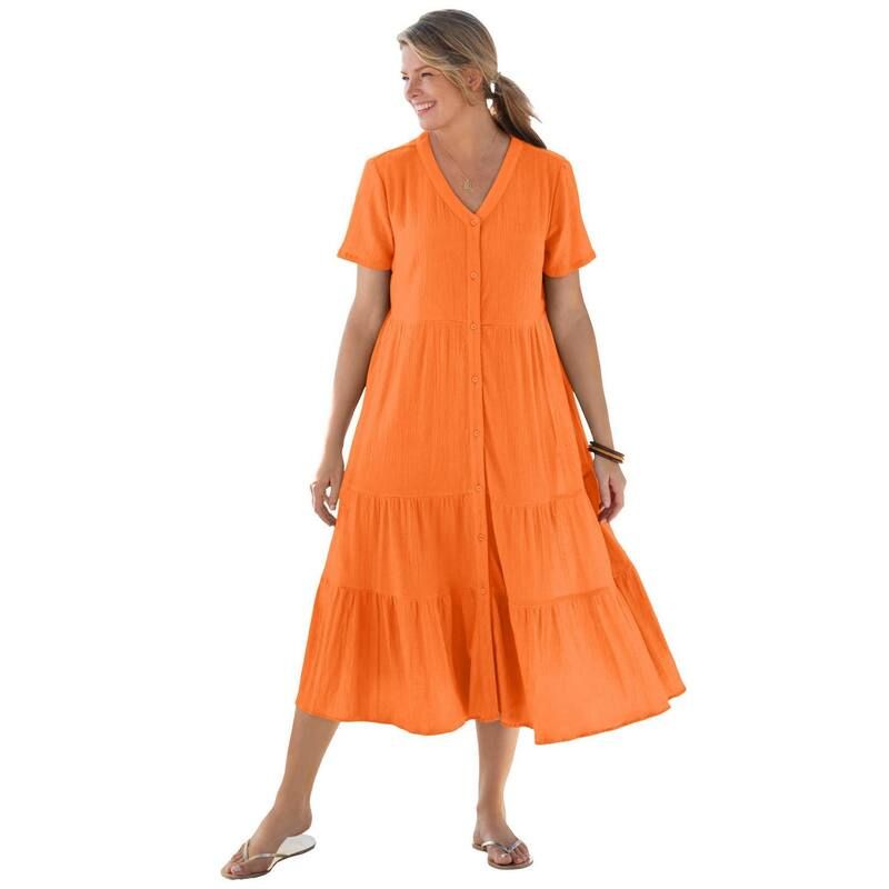 ウーマン ウィズイン レディース トップス ワンピース ティアード プラスサイズ Woman Within Plusize Gauze Tieredress Orange Twist オレンジ