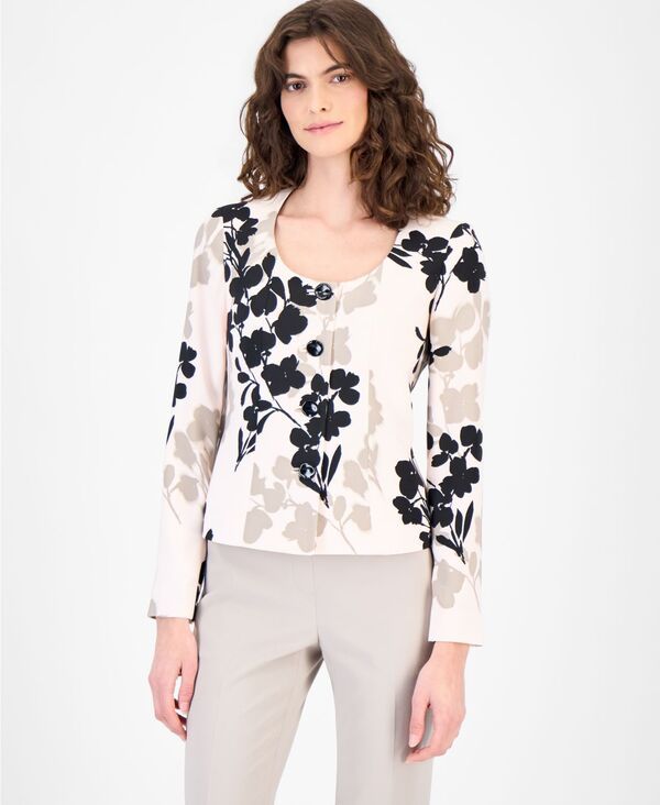 アンクライン レディース アウター ジャケット・ブルゾン プリント Anne Klein Womens Collarless Printed FourButton Jacket Soft Blosso