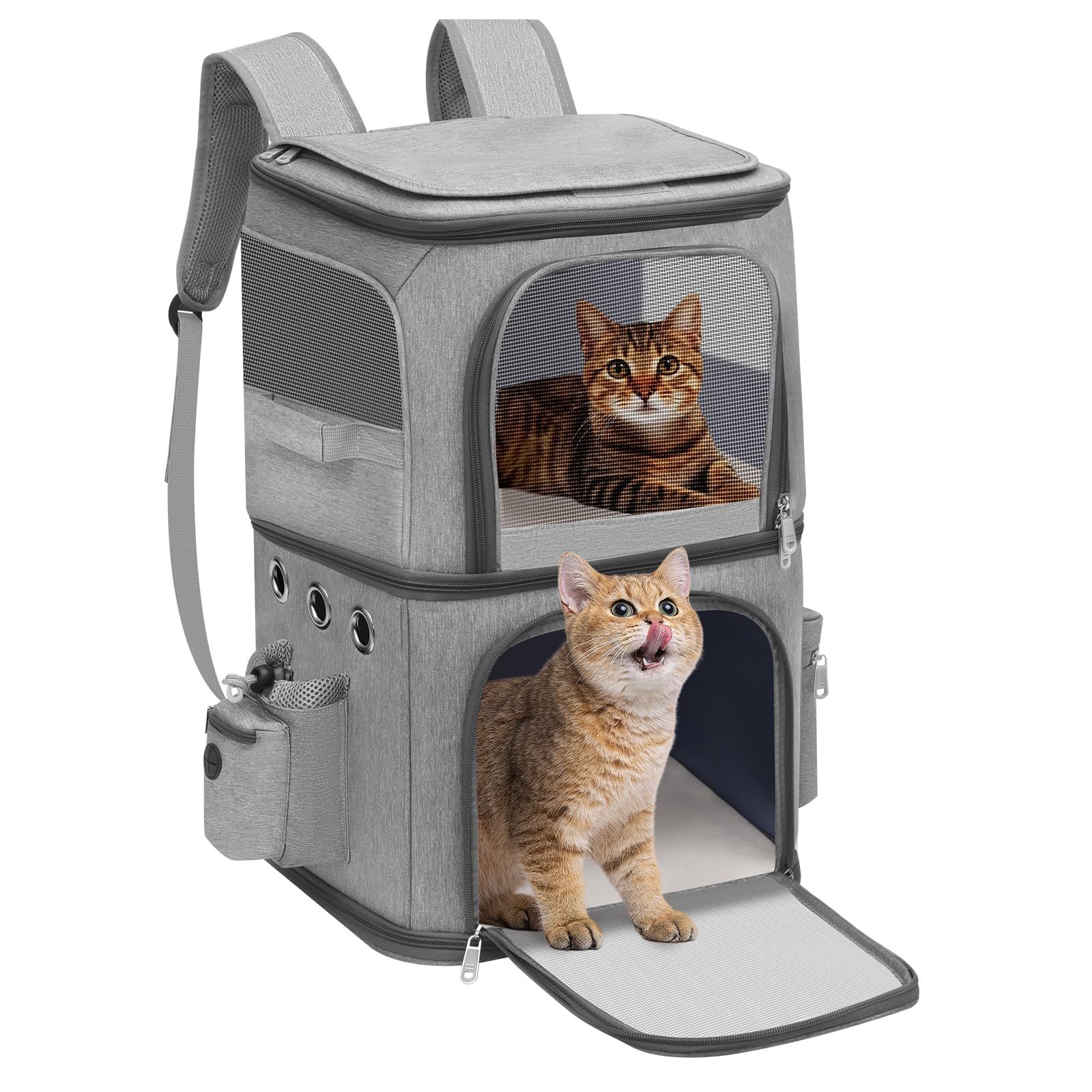 R◆猫 2 匹 キャリー リュック 小型 犬 2段式 ペット ネコ の リュック ペットバッグ 大容量 通気性 旅行/通院/交通機関/災害避難用 グレー d78bdad9