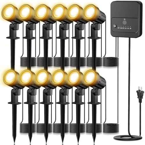 【新品】CLY LEDガーデンライト スポットライト 電球色 2700K ACコンセント式【12灯式 ワンプラグ・マルチランプ・24時間と夜間点灯・タイマー機能】IP66防水 屋外 屋内兼用 光センサー自動点灯/消灯 コード14.8m*2 暖 aa32ba3a
