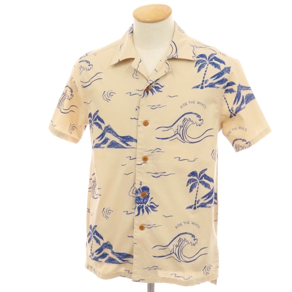 【中古】ヌーディージーンズ Nudie Jeans Arvid Waves Hawaii Shirt 総柄プリント オープンカラー 半袖シャツ ベージュxネイビー【サイズXS】【メンズ】