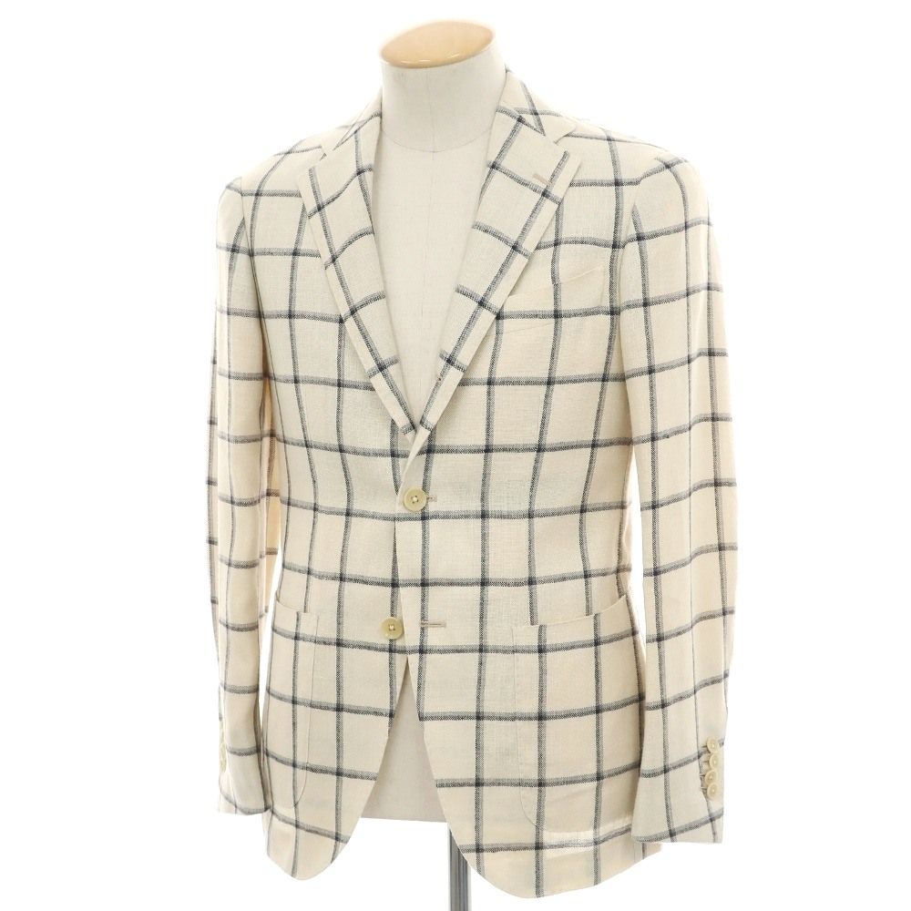 【中古】ビームスエフ BEAMS F シルクリネンウール チェック 3B テーラードジャケット オフホワイトxネイビー【サイズ42】【メンズ】 中古】ビームスエフ BEAMS F シルクリネンウール チェック 3B