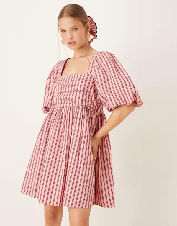 ノーバディーズ チャイルド レディース トップス ワンピース ミニワンピース ミニ Nobodys Child Nova puff sleeve mini dress stripes Pink Str
