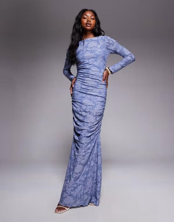 エイソス レディース トップス ワンピース マキシワンピース ギャザー マキシ ASOS DESIGN burnout long sleeve ruched maxi dress Blue ブルー