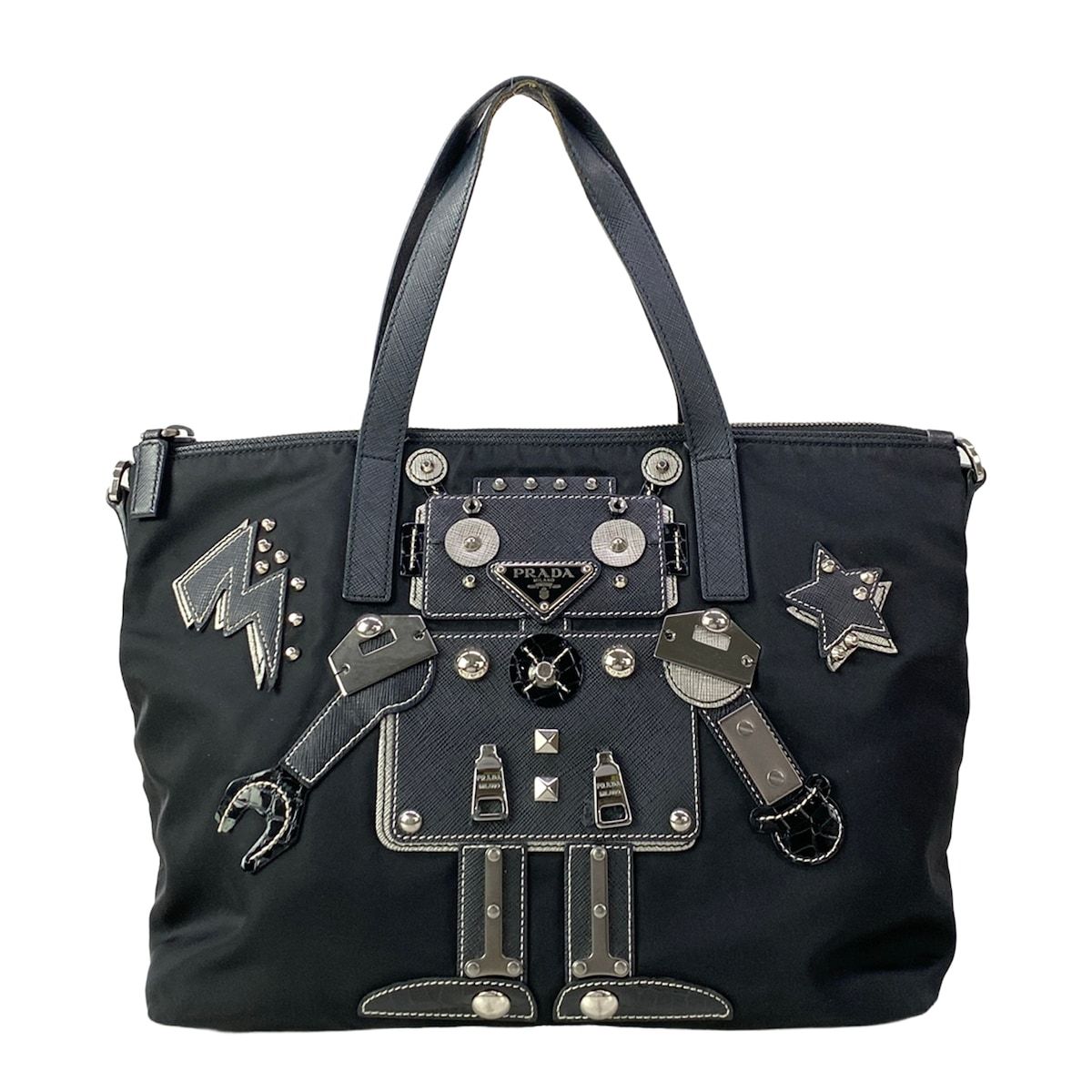 PRADA(プラダ) ハンドバッグ - 黒×シルバー スタッズ/ロボット レザー