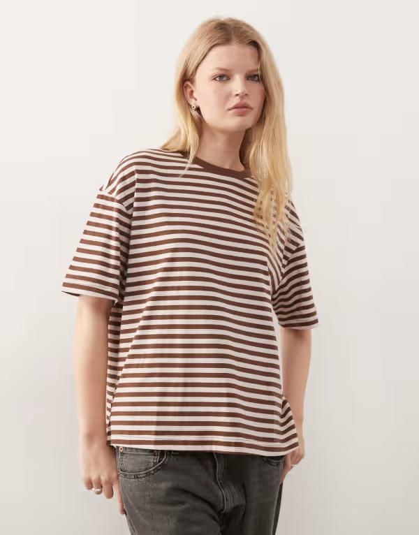 モンキ レディース トップス タンクトップ Tシャツ Monki oversized Tshirt and brown stripe Pink and brown ピンク