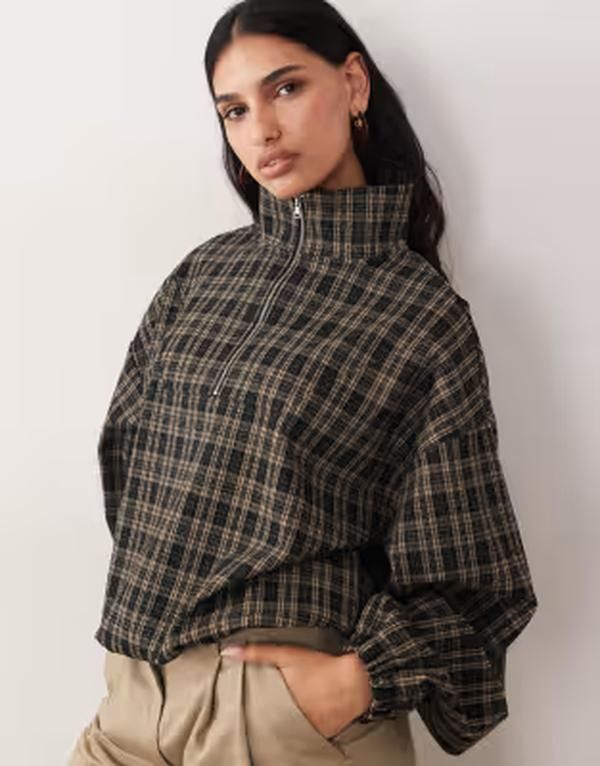 エイソス レディース アウター ジャケット・ブルゾン ハーフジップ ASOS DESIGN brushed half zip jacket plaid Brown Check ブラウン