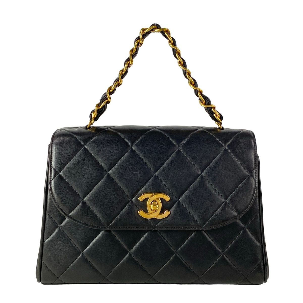 CHANEL(シャネル) ハンドバッグ 台形バッグ/マトラッセ 黒 ゴールド