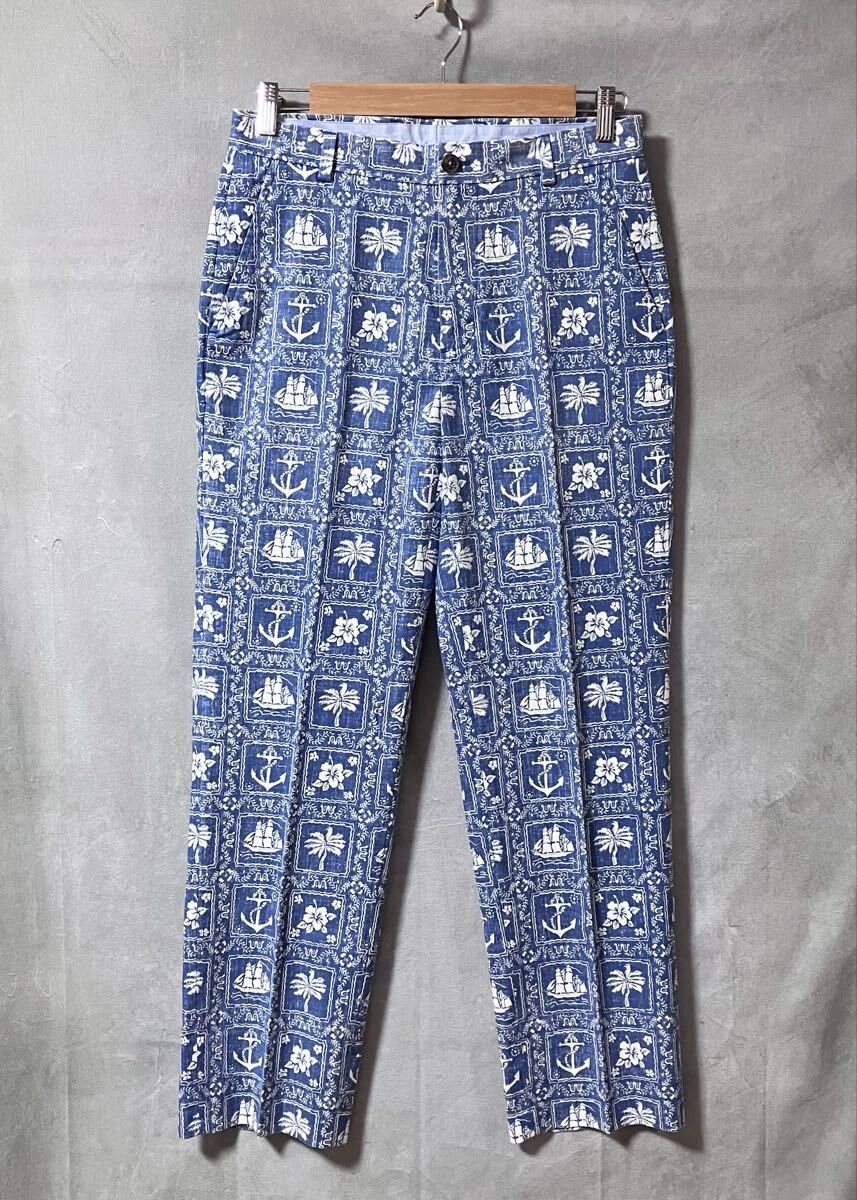 Brooks Brothers × Reyn Spooner ブルックスブラザーズ ラハイナセイラー 総柄 CLARK コットンポリ スラックス パンツ size.W30L36 ブルー