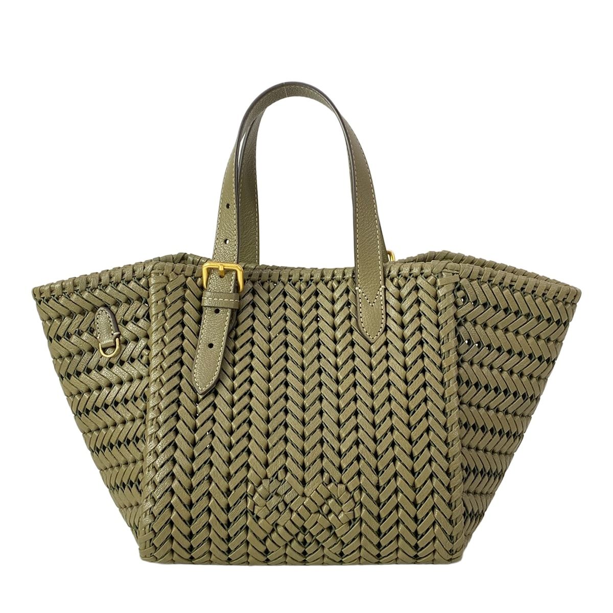 Anya Hindmarch(アニヤハインドマーチ) トートバッグ美品 ニーソン スクエア トート スモール カーキ 編み込み レザー
