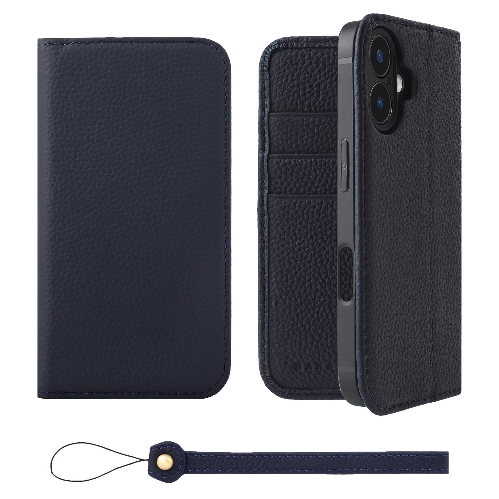 HANATORA for iPhone 16 ケース 手帳型 本革 スマホケース スマホ スタンド ストラップ 付き シュリンクカーフレザー ベルトなし マグネットなし ネイビー H0XA-16-Navy ギフト 誕生日 女性 男性 彼女 お母さん お父さん