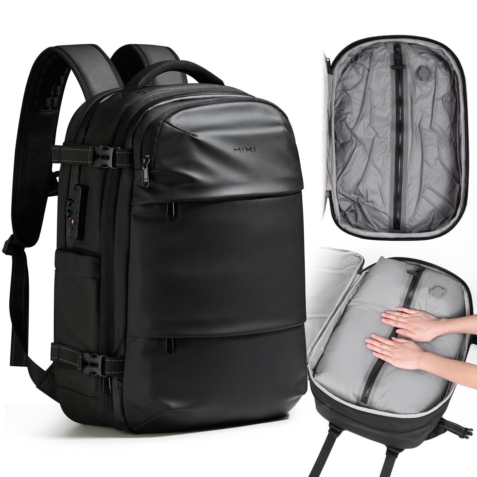 登山対応 メンズ 通学 ファッション設計 17インチノートPC収納 防水 レディース 乾湿分離 TSAロック付き 大容量バックパック 拡張機能付き 通勤対応 真空圧縮ポンプなし 出張 旅行 真空圧縮リュック 米煕
