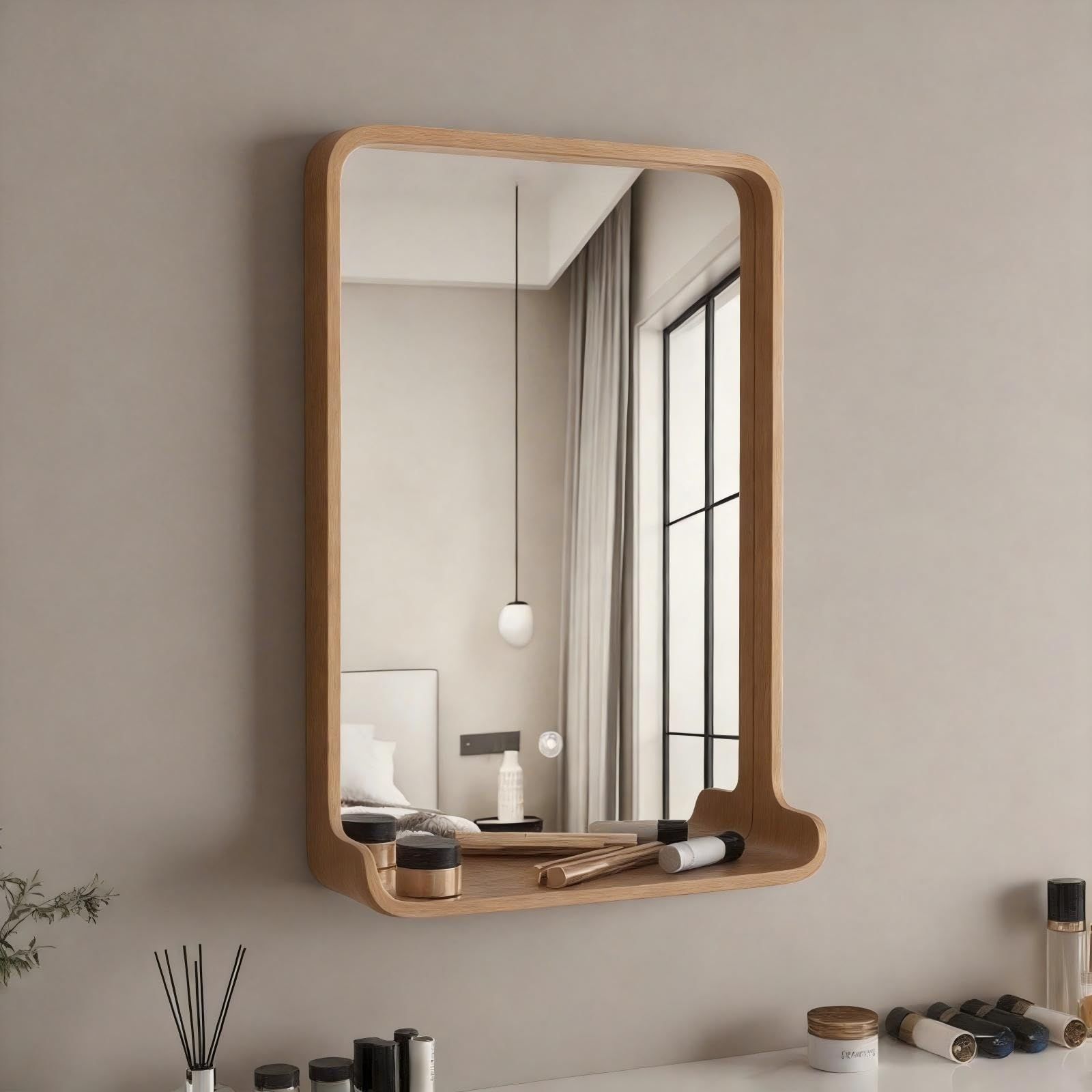TidySpace 壁掛けミラー 収納付き 天然木 鏡 ウォールミラー 縦型 幅40cm 高さ60cm 姿見 化粧鏡 トレー付き おしゃれ ドレッサー 小物収納 省スペース メイクミラー 玄関 寝室 リビング 化粧台 洗面所 ドレッサー用 一人暮らし 小スペー