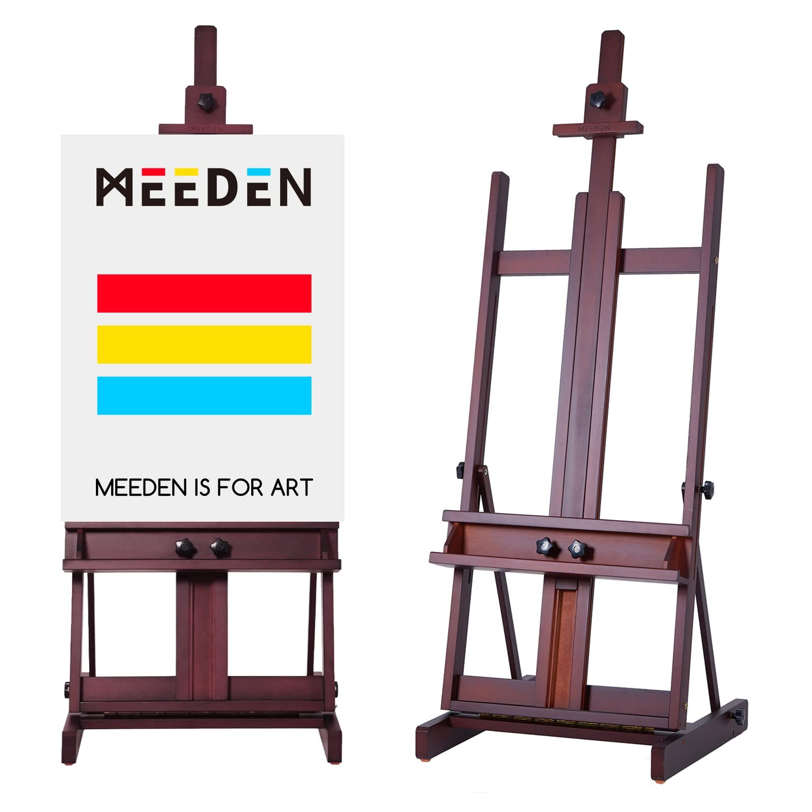 MEEDEN イーゼル ブナ木製 大型イーゼル 135-231cm 角度調節 垂直収納可能 物置トレイ付き 最大198cmの張りキャンバスを対応 頑丈 安定性高い H型フレーム 画架 スタンド キャンバス立て スケッチ、油絵、スタジオ、デッサン用 ダークレッド