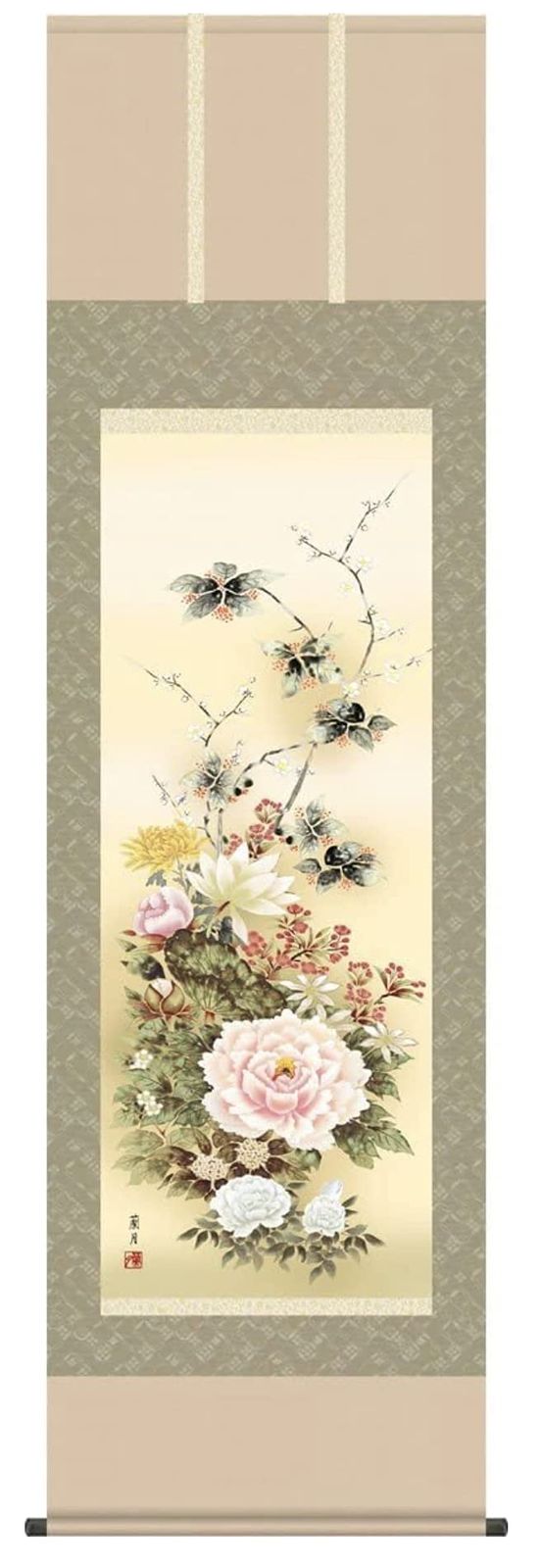 掛け軸 年中掛け 花 吉井蘭月・名花繚乱 尺五 花鳥画 桐箱畳紙収納 風鎮付き 床の間