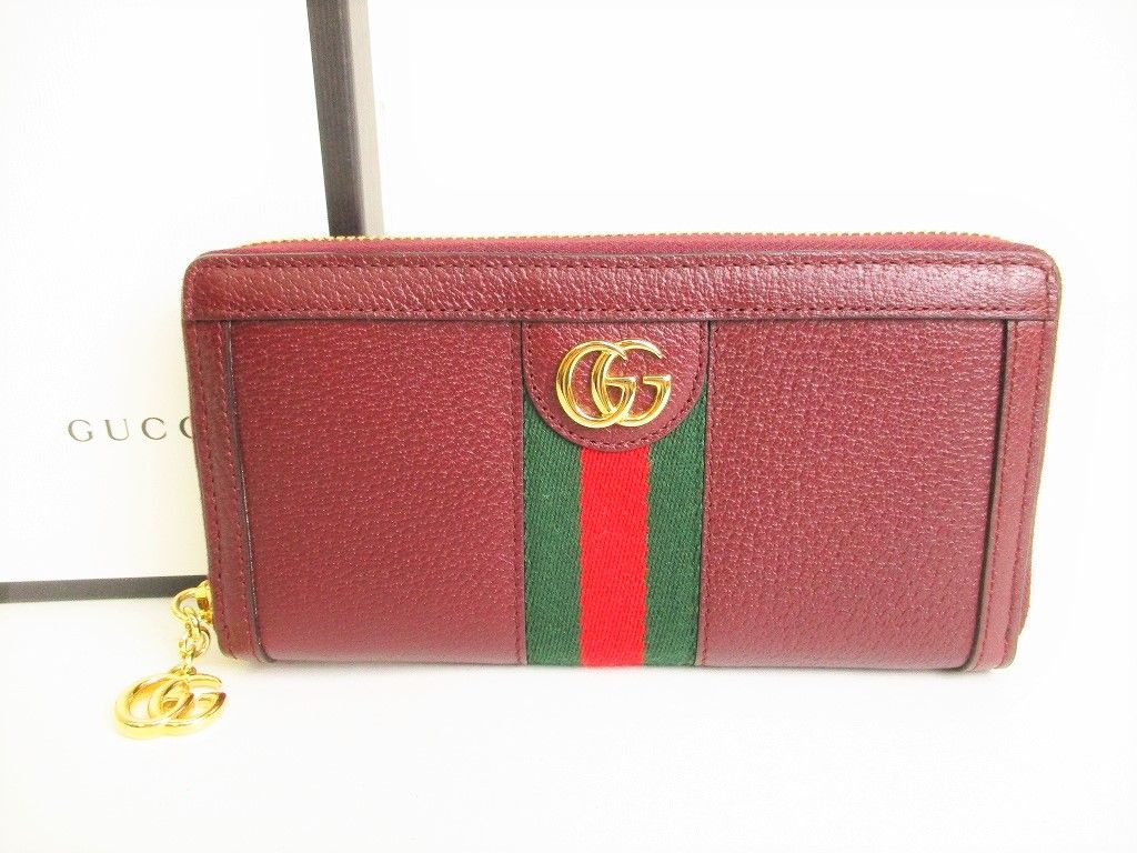【未使用保管品】 グッチ GUCCI ダブルG オフィディア レザー シェリーライン ラウンドファスナ― 長財布 メンズ レディース バーガンディ