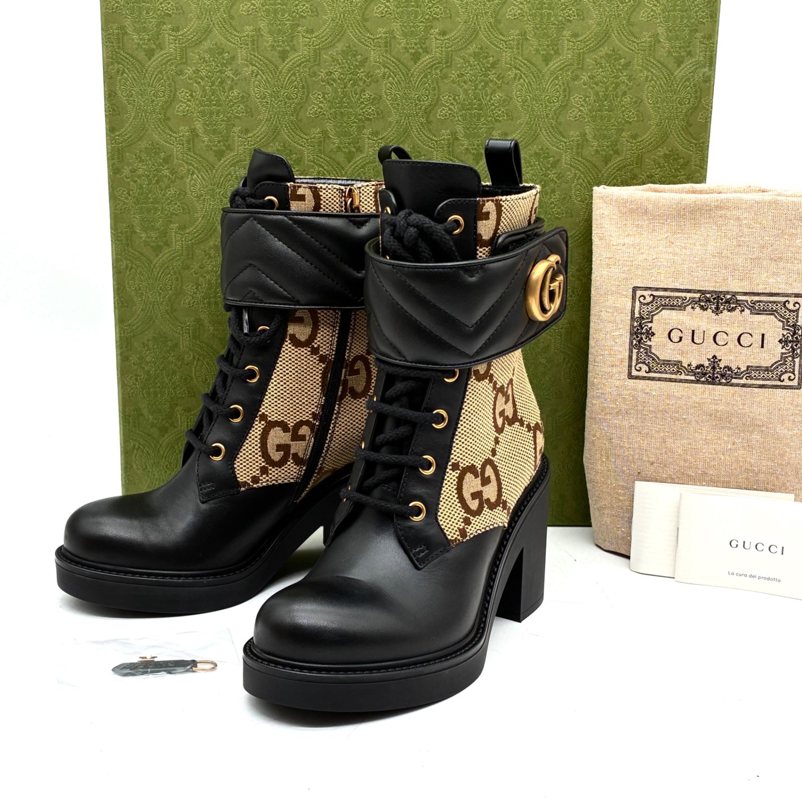 未使用保管品 グッチ GUCCI GGマーモント ジャンボGG レースアップ ブーツ ショートブーツ ブラック キャメル レザー キャンバス 21.5cm 34.5 ボーナス 夏休み 帰省 サマーギフト 敬老の日 ご褒美 プレゼント