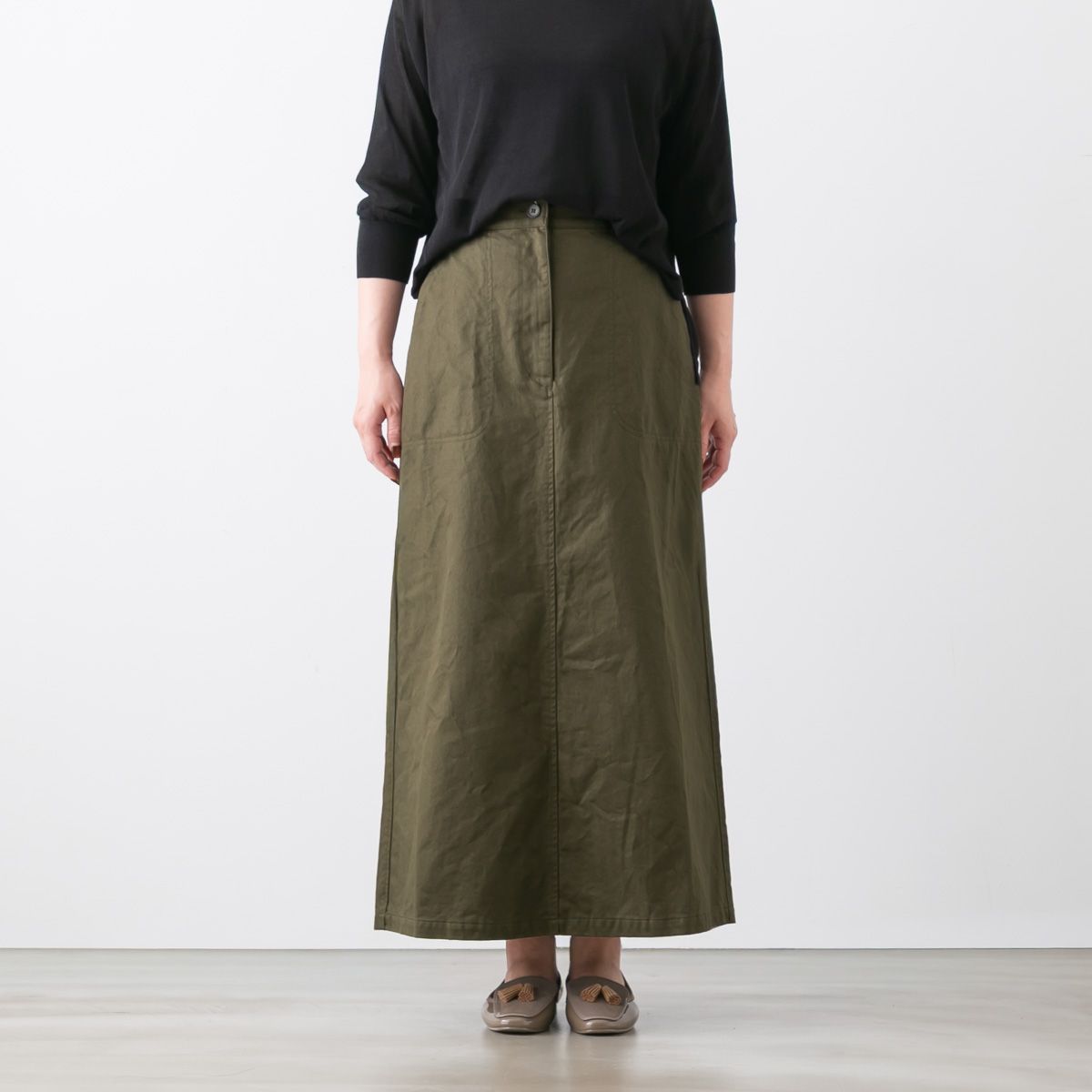 【新品】SARAHWEAR コットンツイル Aラインスカート C21854 カーキ 日本製
