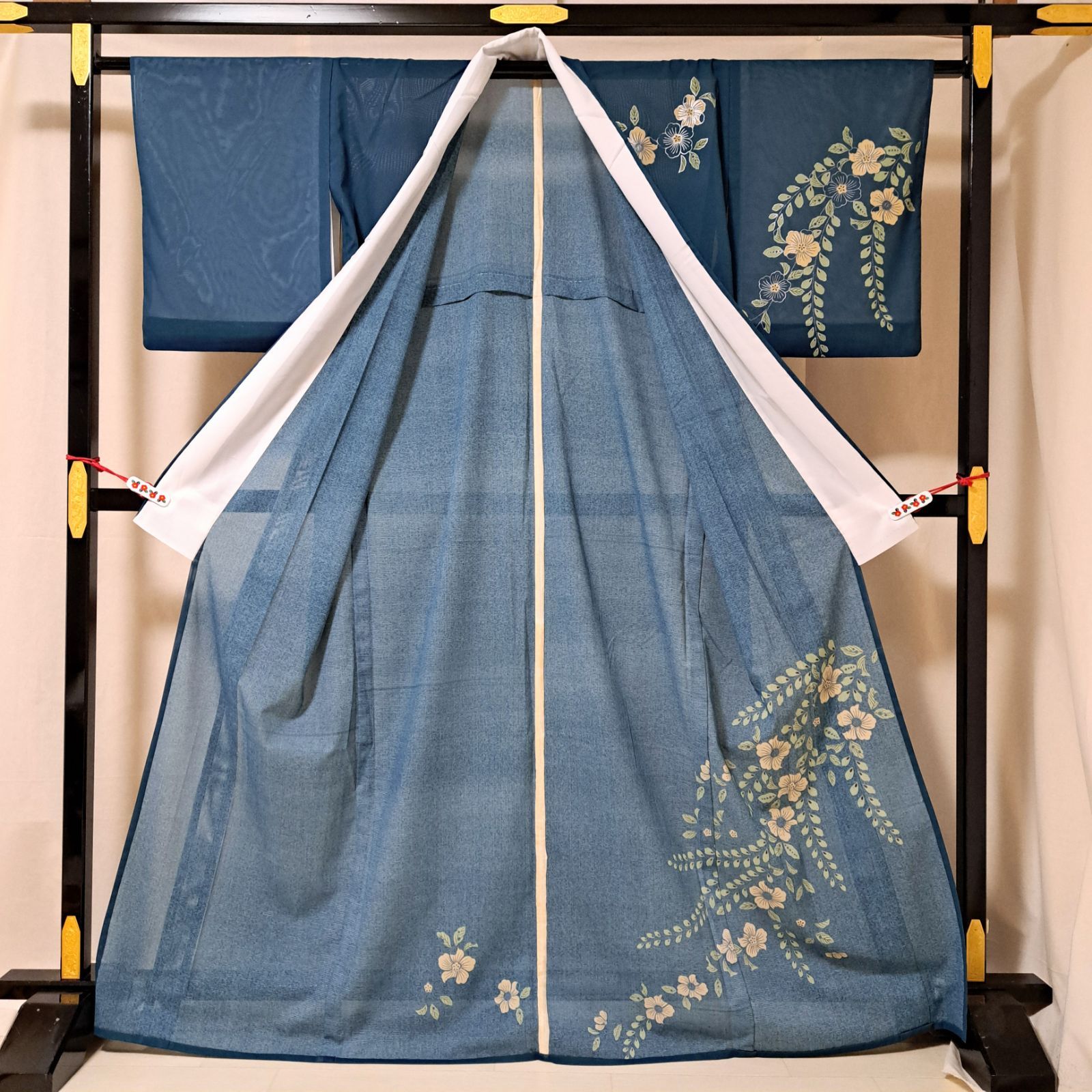 洗える夏着物・絽】うそつき袖付 LLサイズ相当身幅 濃緑 草花 化繊 れ
