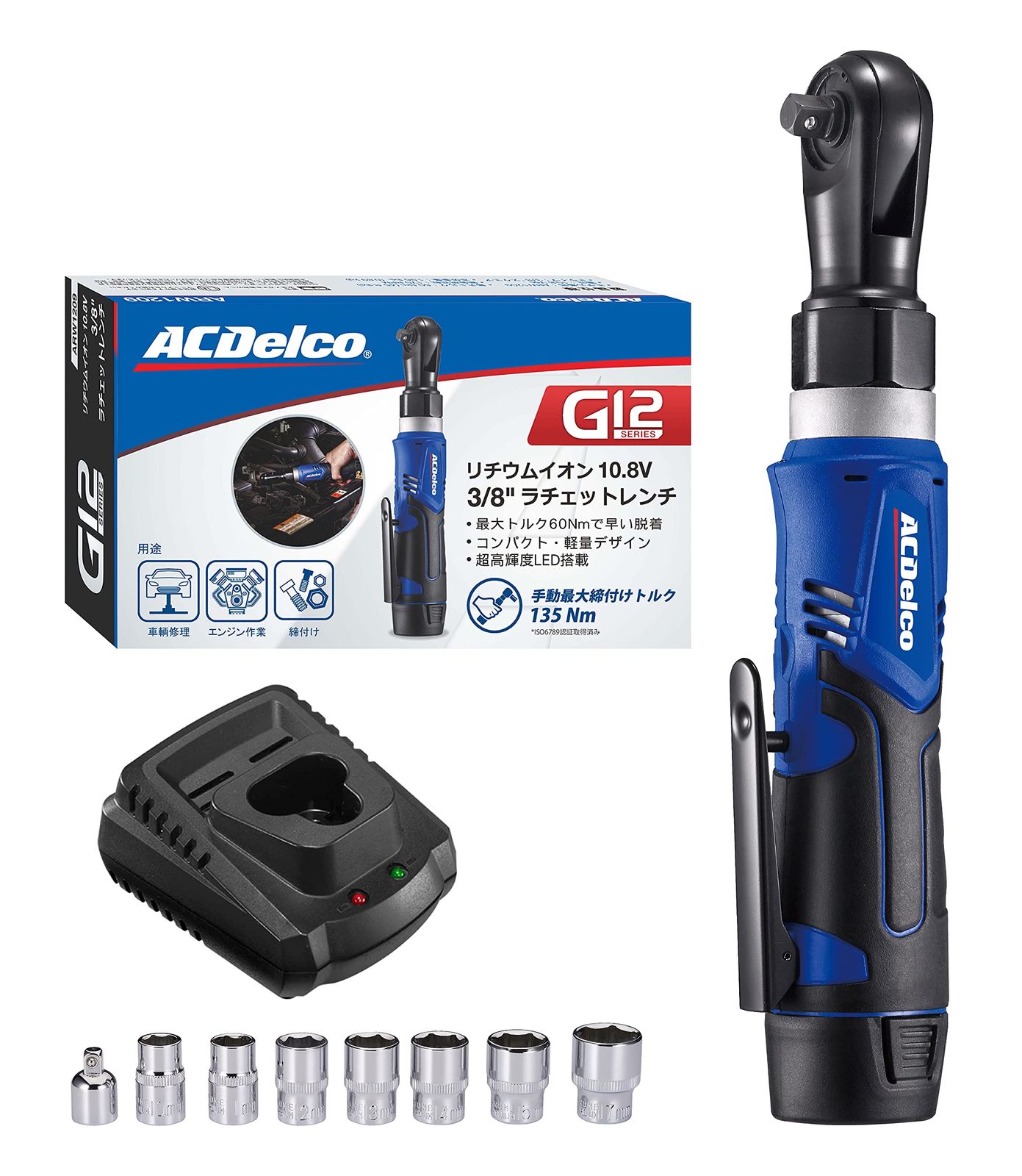 ACDelco G12 10.8V 充電式 ラチェットレンチ 3/8”(9.53mm) 最大トルク45ft-lbs(60Nm) 正逆転切替 LEDライト内蔵（ソケット．日本語取扱説明書付）ARW1209PJu