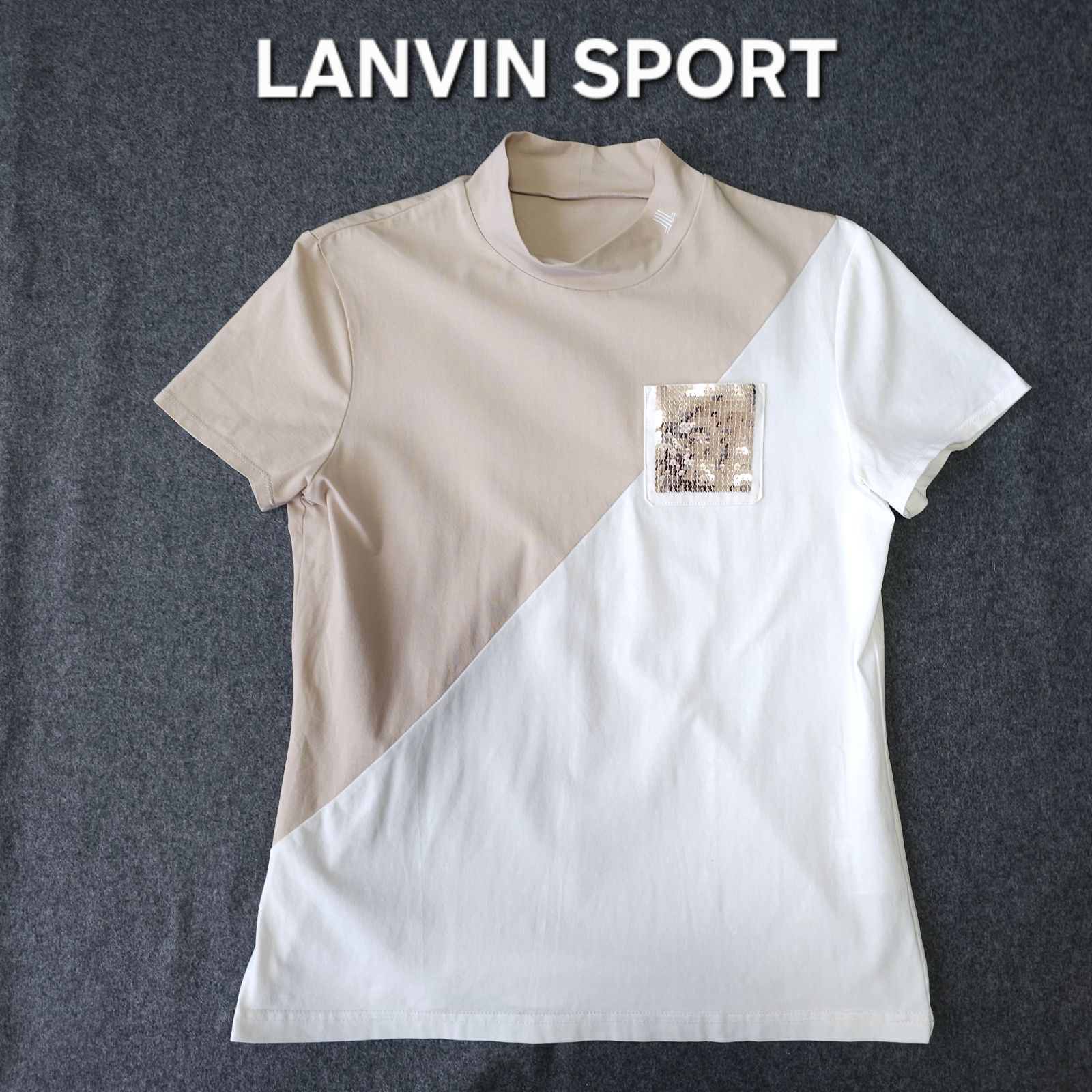 【?値下げ交渉受付中】美品 LANVIN SPORT 半袖モックネックシャツ ゴルフポロシャツ 切替デザイン 38 M ホワイト×ライトベージュ ストレッチ 速乾素材 レディース ランバンスポール