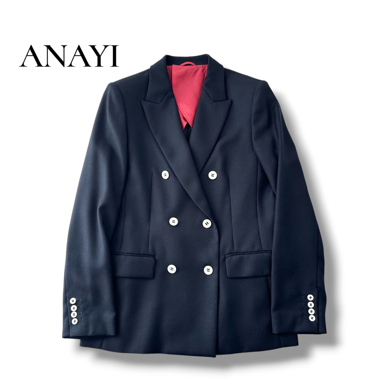 アナイ ANAYI テーラードジャケット ダブルブレスト 紺ブレ ネイビー ウール 38 M 美品 6JU044