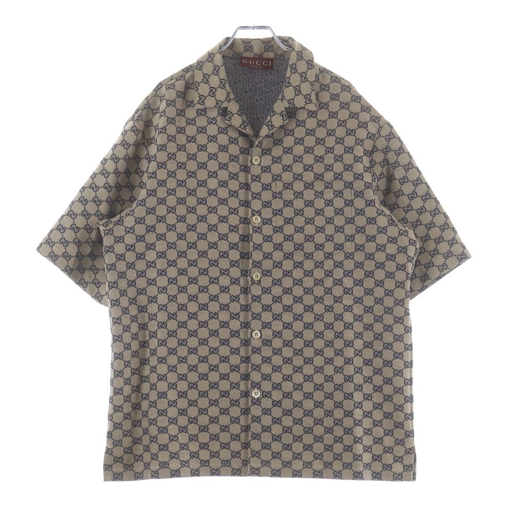 GUCCI (グッチ) GG 総柄デザイン リネンブレンド キャンバス地 半袖シャツ ベージュ 742707 ZAM7G