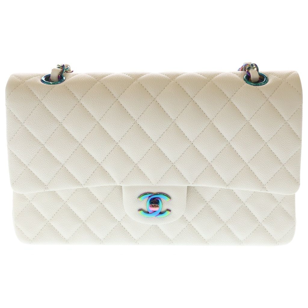 CHANEL (シャネル) マトラッセ25 キャビアスキン ダブルフラップ ダブルチェーンバッグ ホワイト レインボー金具 A01112