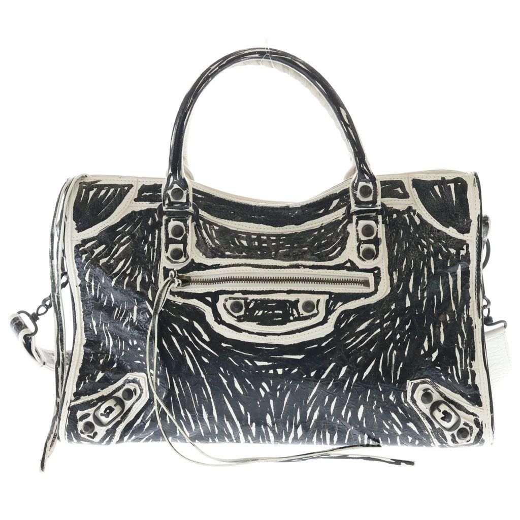 BALENCIAGA (バレンシアガ) Le City バッグ ミディアム ホワイトスノー セミシャイニーアリーナラムスキン ブラックマークプリント ブラスハードウェア ブラック/ホワイト 823058 9110