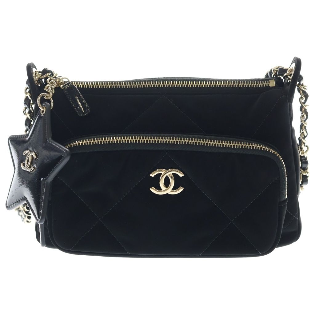 CHANEL (シャネル) マトラッセ チェーンクラッチ チェーンショルダーバッグ ベルベット エフェクトナイロン レザー ゴールド金具 ブラック