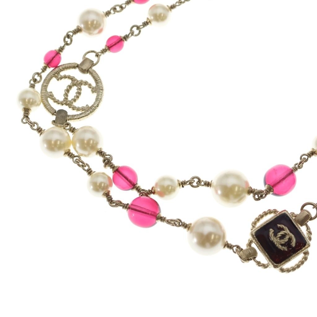 CHANEL (シャネル) ココマーク 2連 パール ビーズ ネックレス ペンダント ホワイト×ゴールド×ピンク