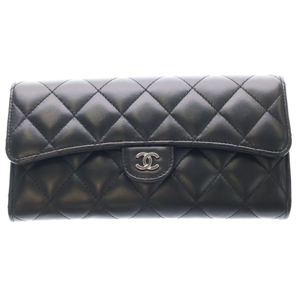 CHANEL (シャネル) マトラッセ 二つ折り長財布 ロングウォレット カードケース ブラック ラムスキン シルバー金具