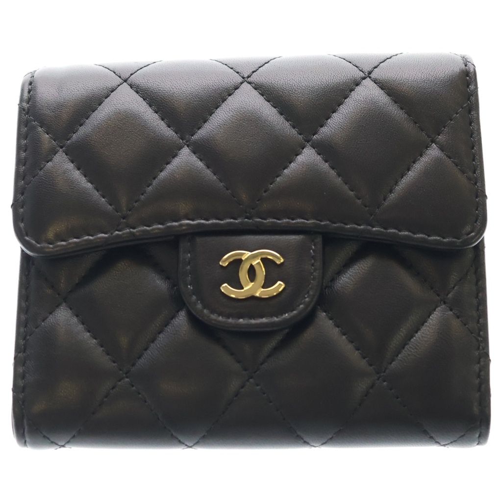 CHANEL (シャネル) マトラッセ 3つ折り財布 コンパクトウォレット コインケース ブラック ラムスキン ゴールド金具 58,905円