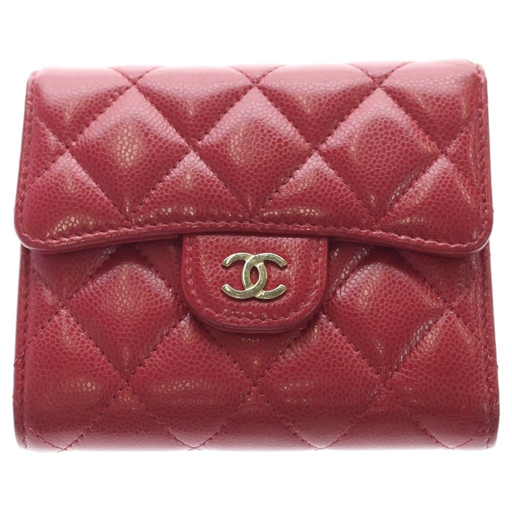 CHANEL (シャネル) マトラッセ 二つ折り財布 コンパクトウォレット コインケース キャビアスキン レッド ゴールド金具
