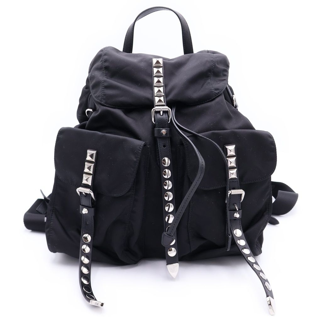PRADA (プラダ) スタッズ テスート ナイロン シルバー金具 バックパック リュックサック ブラック