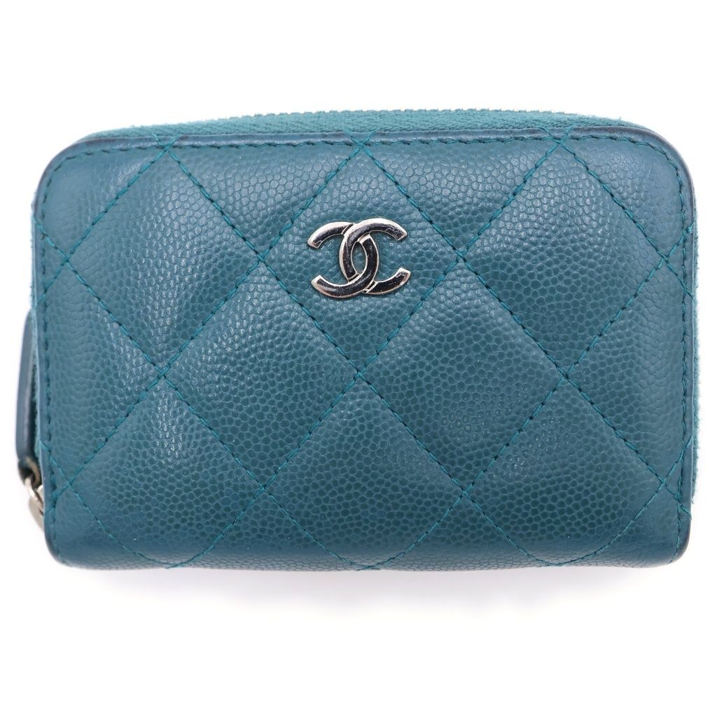 CHANEL (シャネル) マトラッセ キャビアスキン シルバー金具 コインパース コインケース コンパクト財布 グリーン系
