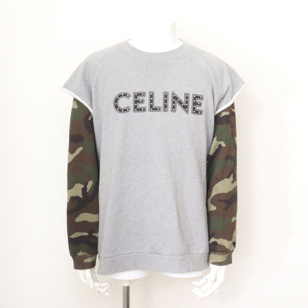 美品 セリーヌ タグ付 ロゴスタッズ カモフラージュ 迷彩 柄 レイヤード 風 スウェット XXL トップス 洋服 メンズ WBM EF24-2【中古】