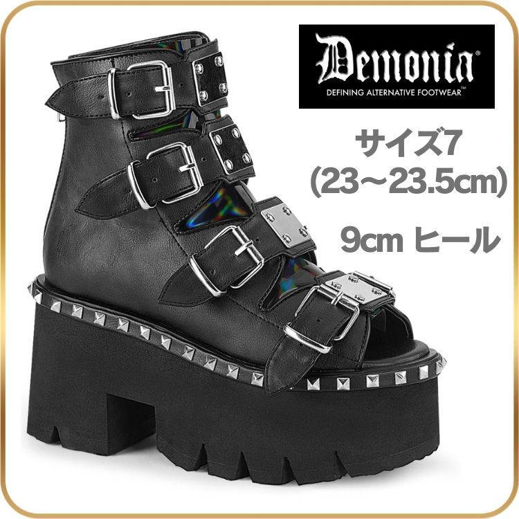 23 23.5 cm demonia デモニア 厚底 ブーツ サンダル ショートブーツ 9cm ヒール 黒 ブラック オープントゥ ベルト メタルプレート スタッズ ジッパー 厚底靴 ライブ パンク V系 ゴシック 靴 ASHES-70