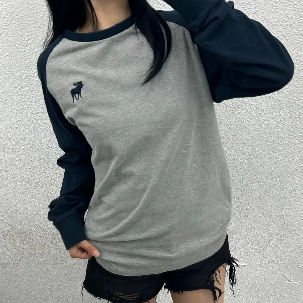 アバクロンビー ネイビー バイカラー グレー ロングスリーブ XL