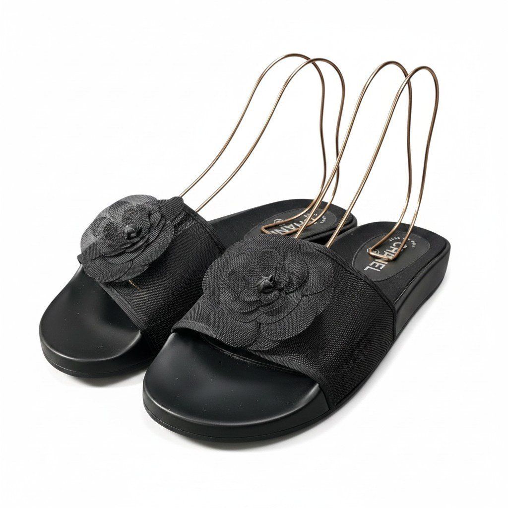 e18 【美品】CHANEL カメリア メッシュサンダル G43754 39サイズ ブラック レディース 女性用k02i