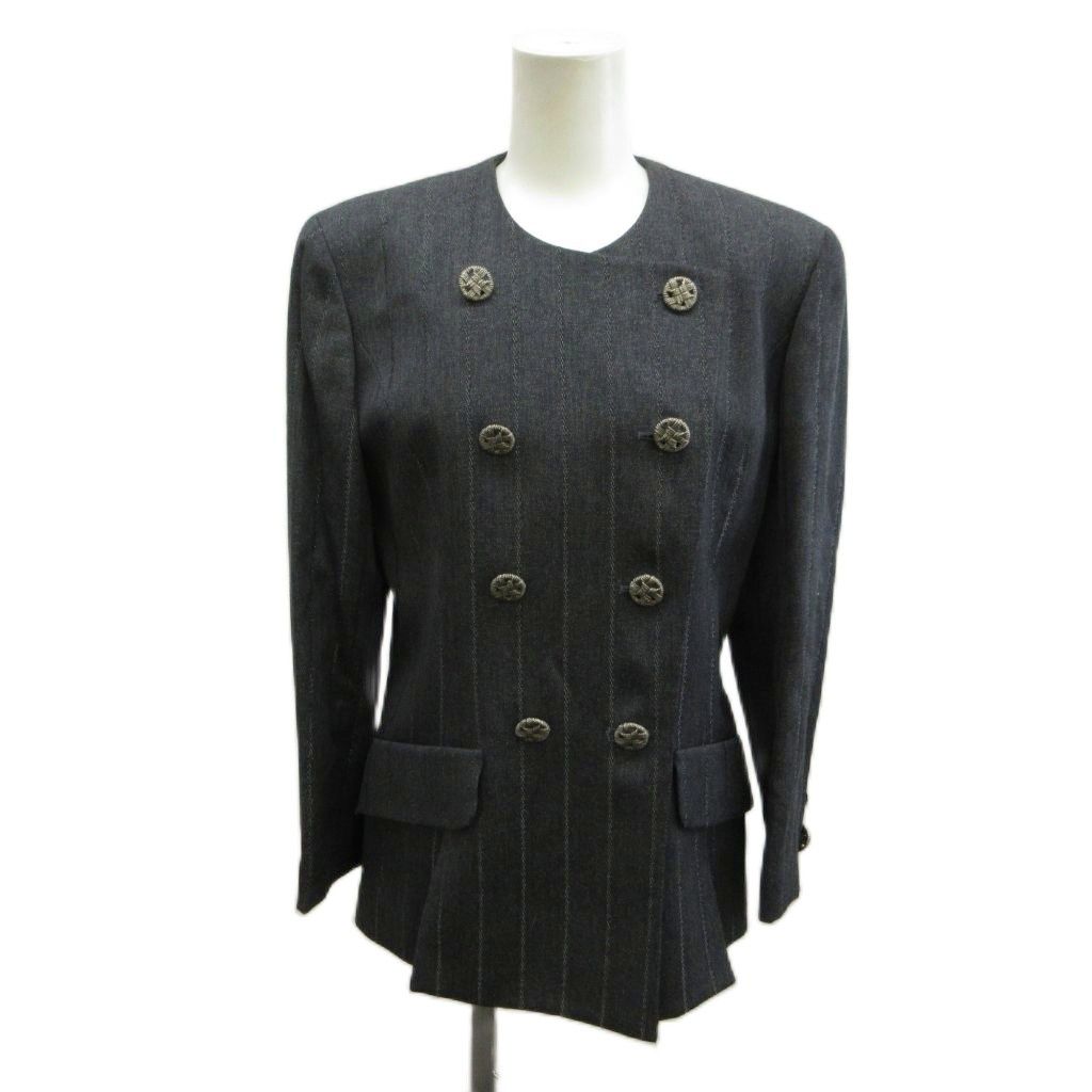 ランバン LANVIN セットアップ ジャケット タイトスカート ひざ丈 グレー ストライプ柄 ノーカラー 長袖 ダブルブレスト /SH ■GY99 ランバン LANVIN セットアップ ジャケット タイトスカート ひざ丈 グレー ストライプ柄 ノーカラー 長袖 ダブルブレスト /SH ■GY99
