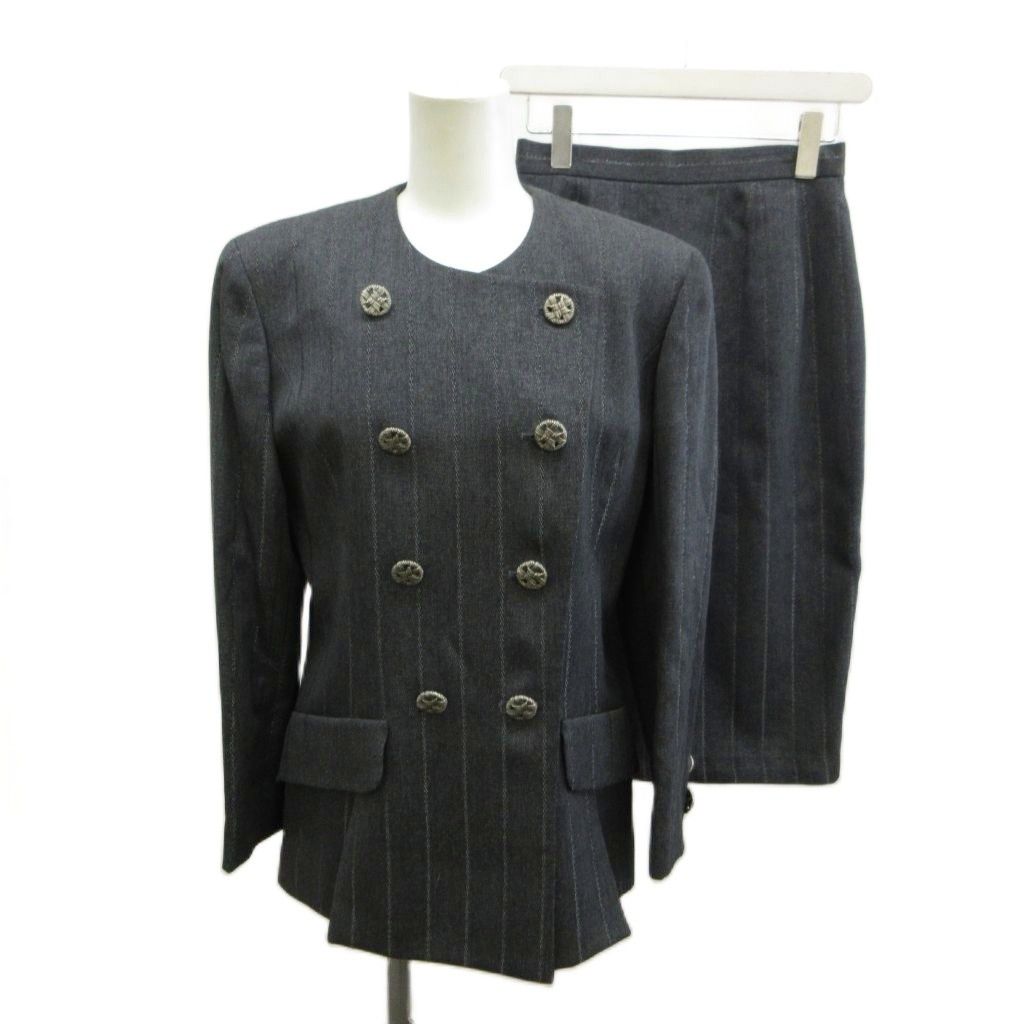 ランバン LANVIN セットアップ ジャケット タイトスカート ひざ丈 グレー ストライプ柄 ノーカラー 長袖 ダブルブレスト /SH ■GY99