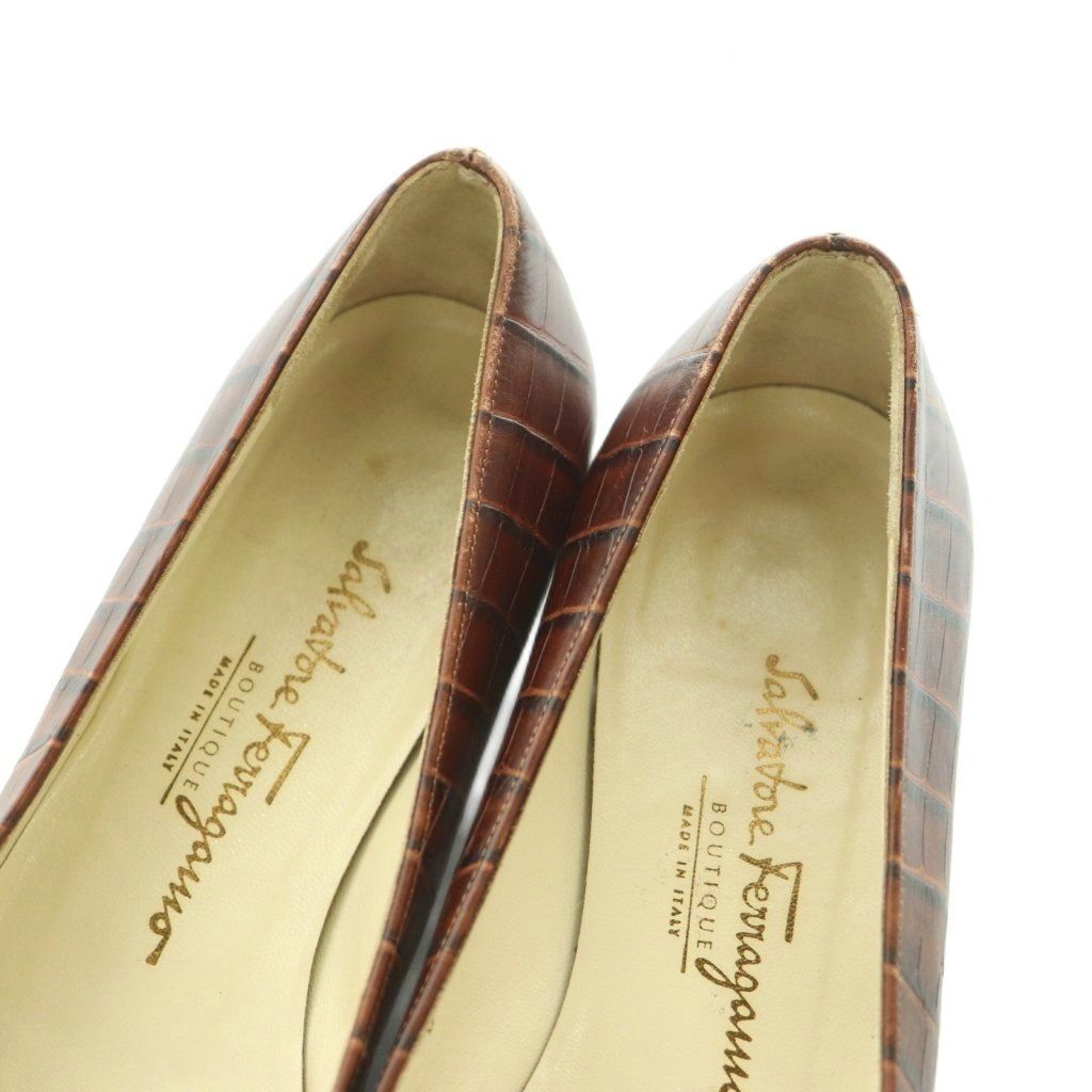 サルヴァトーレフェラガモ Salvatore Ferragamo パンプス スクエアトゥ 型押し 6.5 24.0cm 茶 ブラウン /MI ■ECC004 サルヴァトーレフェラガモ Salvatore Ferragamo パンプス スクエアトゥ 型押し 6.5 24.0cm 茶 ブラウン /MI ■ECC004