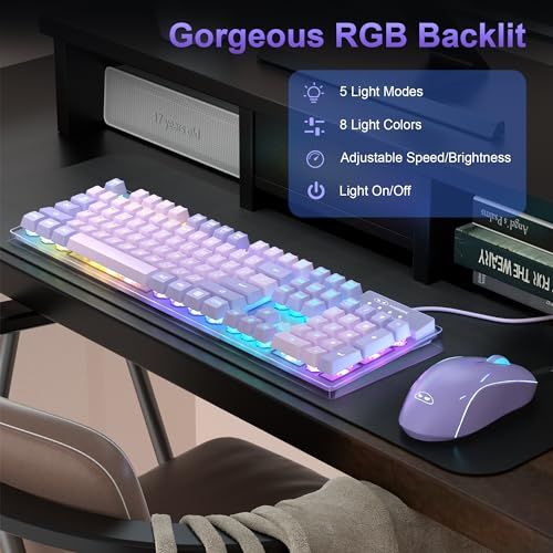 ゲーミングキーボードとマウスのコンボ、K1 RGB LEDバックライト付き有線キーボード 104キー付き コンピューター PC/ラップトップ用ゲーミングキーボード(パープル)Ju