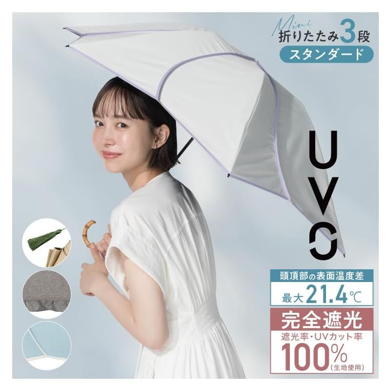 【新品】 【2026】最強の日傘 UVO(ウーボ) 3段折 フリル ミニ グレー ≪遮熱/遮光率100%/UVカット率100%/UPF50＋/晴雨兼用≫ 折りたたみ傘 親骨55cm レディース バンブー Wpc おしゃれ UV102FRL03F26