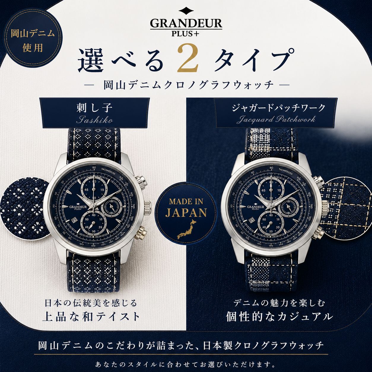 【選べる2タイプ】GRANDEUR PLUS+ 岡山デニムバンドウォッチ